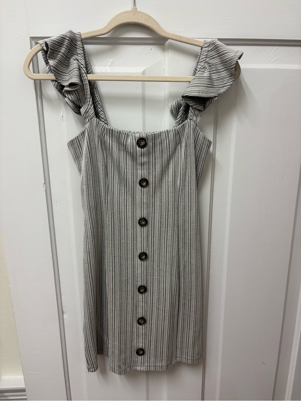 MPC by MINKPINK Striped Button-Front Ruffle Strap Dress - Gray